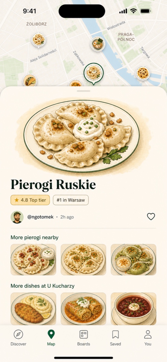 Dish detail page showing photos, rating, and venues.