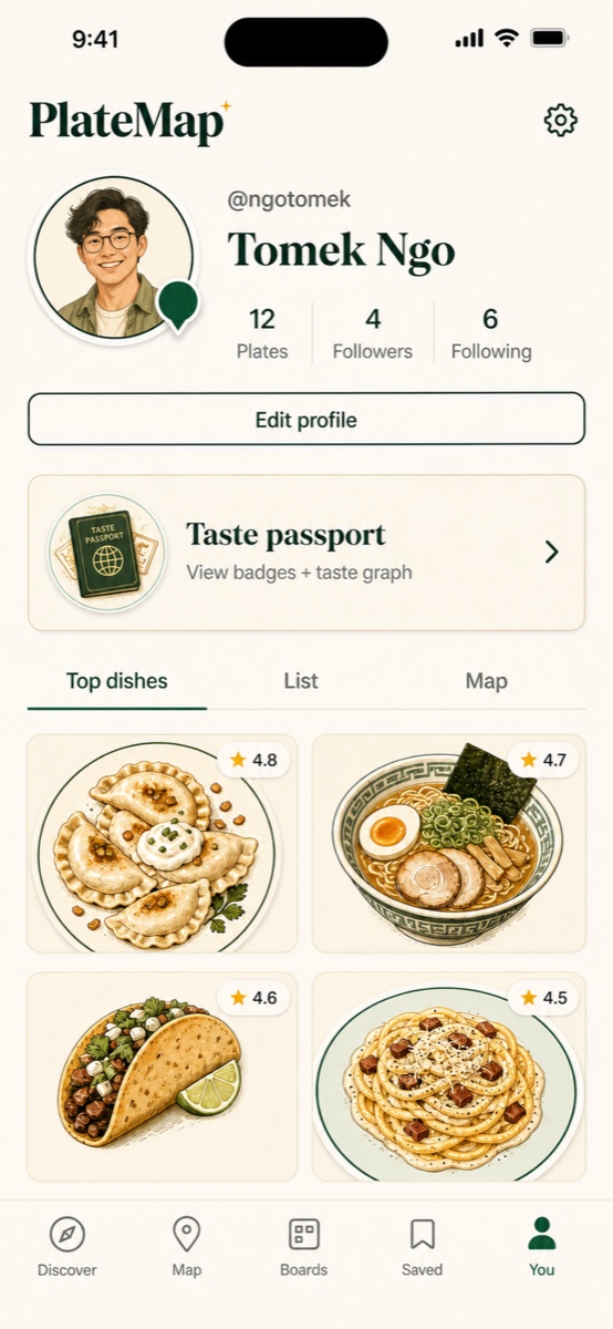 Profile screen with user's pin history and stats.